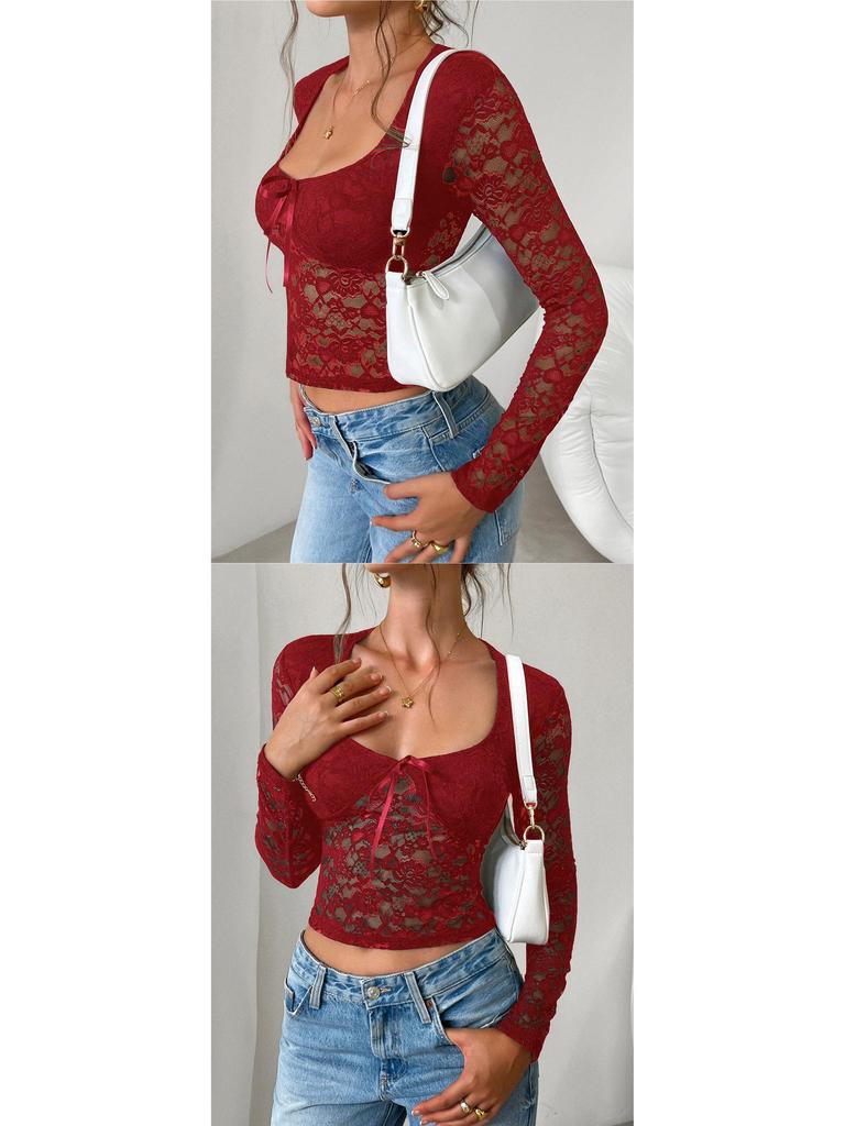 Spring/Summer European-American Sexy Slim Fit Hollow Out Long Sleeve Lace Top
