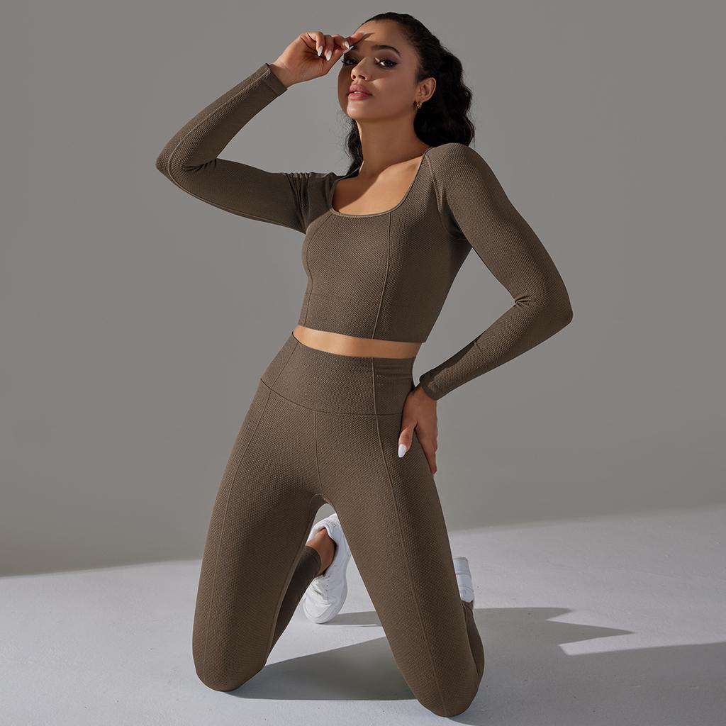 Seamless Knitted Long Sleeved Sports And Fitness Pants, Quick Drying Jacquard Breathable Hip Lifting Running Yoga Suit Set