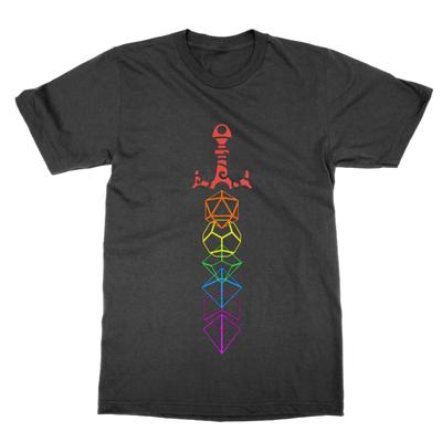 Maglietta Rainbow Dice Sword divertente top D&D Dungeons + Dragons maglietta LGBT