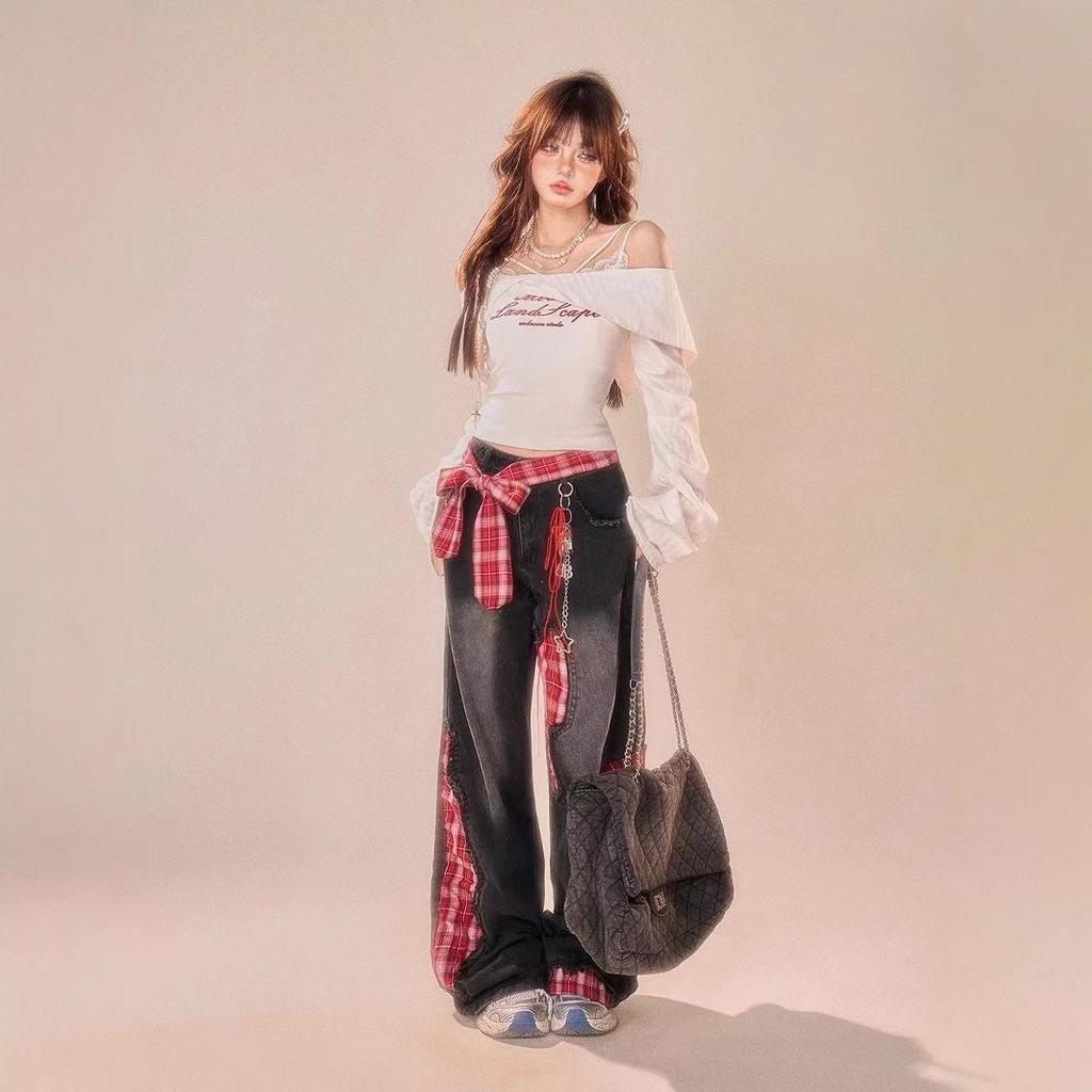 2026 Red Plaid High Waist Wide-Leg Patchwork Jeans for Women: Loose, Straight, Floor-Length