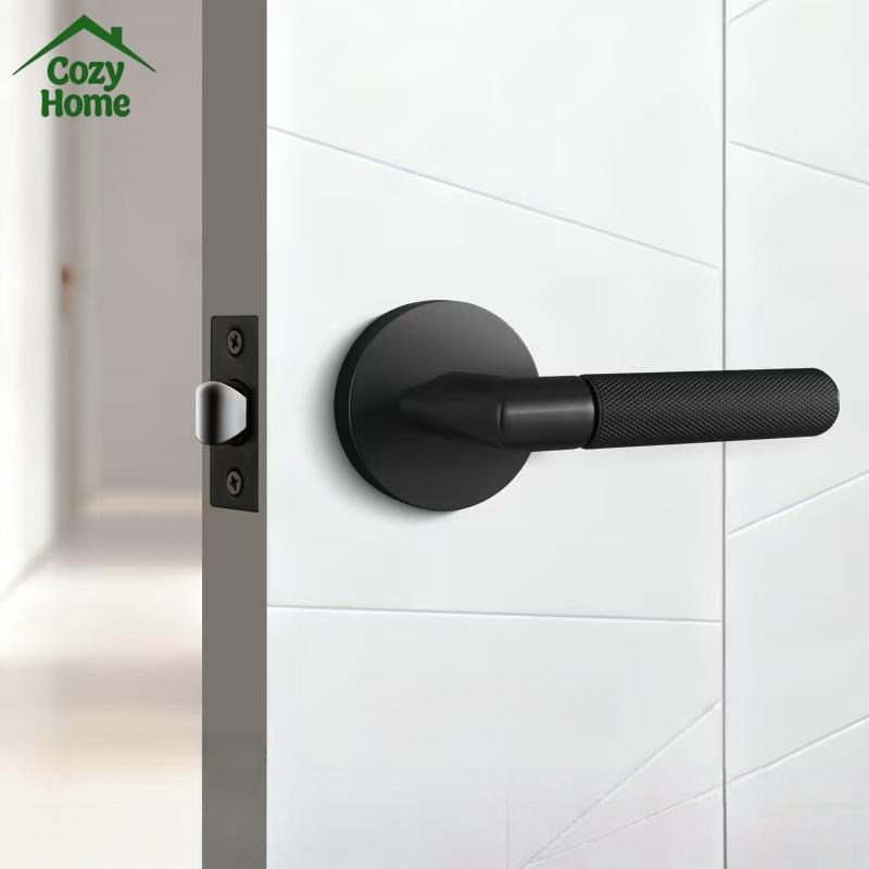 Modern Entry Door Lock Handle Set Zinc Alloy Room Interior Knurled Door Lock Levers Matte Black Bedroom Door Handle