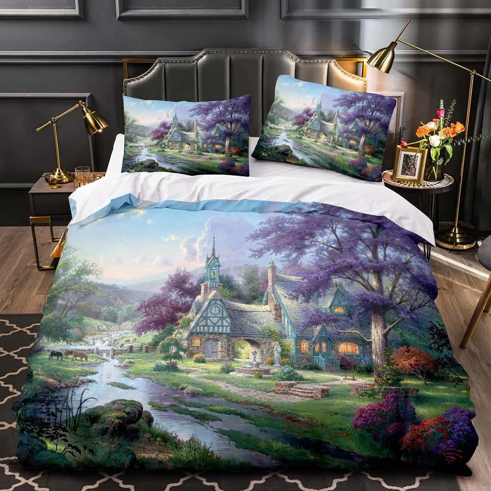 Bettwäscheset mit Feenmotiv, Fantasy-Schloss, Bettbezug-Set, King- und Queen-Size-Größe, magisches Königreich, Elfenbäume, Polyester-Bettbezug für Kinder