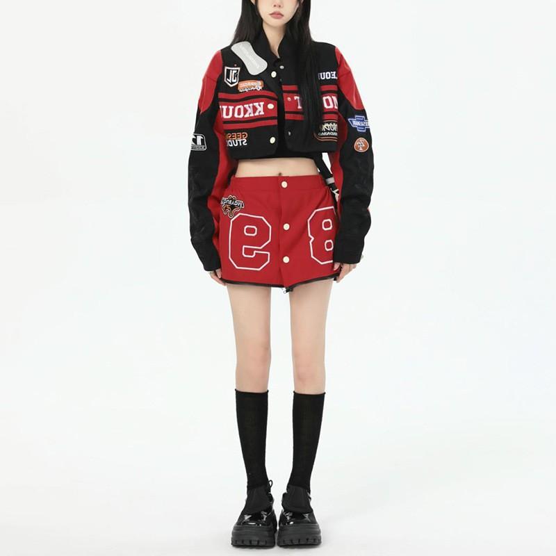 Detachable 2-in-1 American Racer Suit Women Moto Jacket Mini Skirt 2-Piece Set
