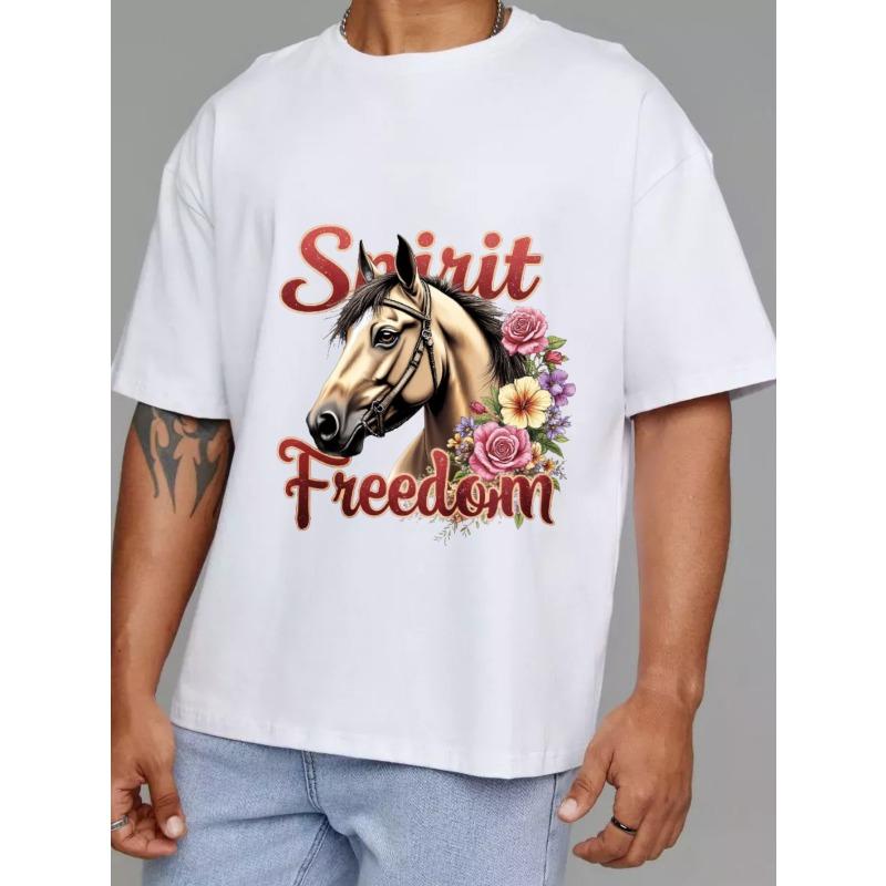 Spirit Freedom Horse Floral Print T Shirt White Casual Wear for Men and Women Outdoor Activities and Everyday Use