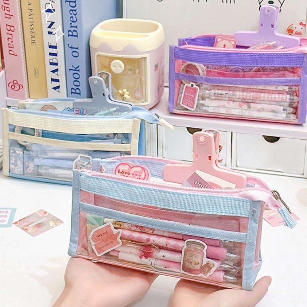 1 st Color Block Transparent PVC Pennskrin Penförvaringspåse för Prov Söta Färger Stor Kapacitet Flerlagers Kontorsmaterial