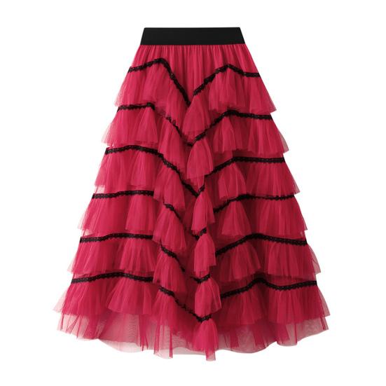 Women Skirt High Waist A-line Big Swing Ruffle Contrast Color Scattered Hem Pleated Patchwork Princess Style Elastic Waist Ankle Length Maxi Skirt
