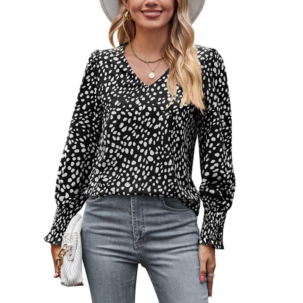 Loose Printed Long Sleeve V-neck Chiffon Shirt for Women