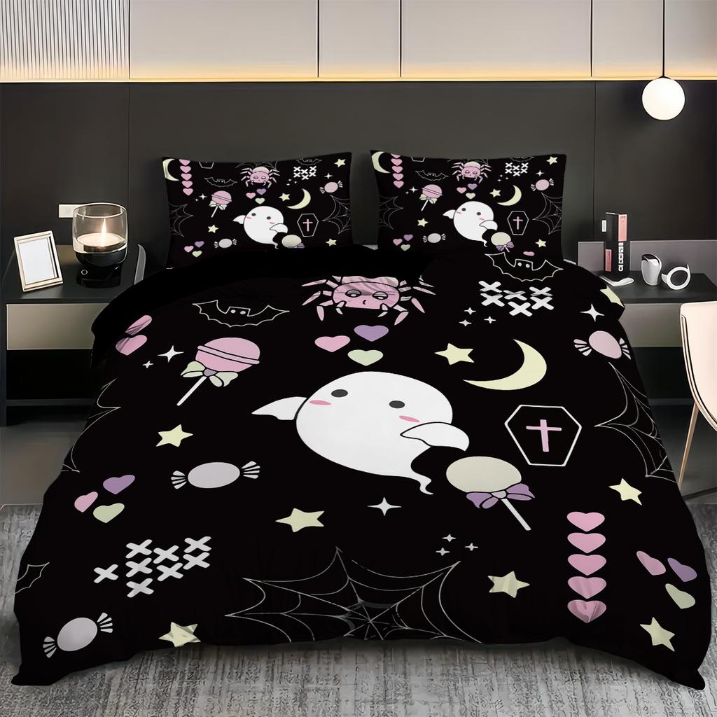 3-teiliges Halloween Niedliches Geist Gedrucktes Bettwäsche Produkte Kernloses Set Schlafzimmer Wohnzimmer Studentenwohnheim Mehrere Größen Maschinenwaschbar