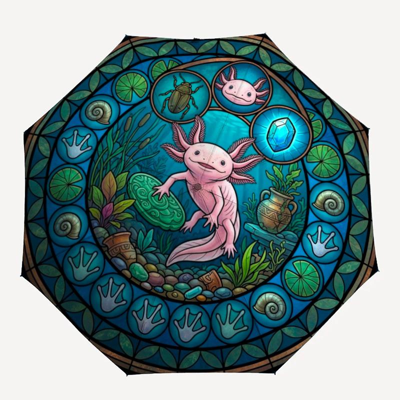 Axolotl Glass Window pattern umbrella, portable and foldable design, 8 ribs, a casual accessory for Halloween, Christmas, and birthday gifts.