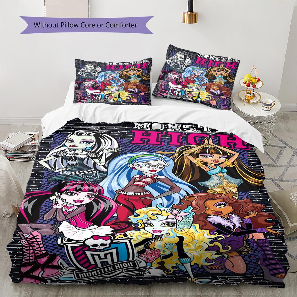 Ropa de cama con estampado Monster High Juego de colcha Funda de colcha Funda de almohada Decoración del hogar Regalo de cumpleaños (1 * funda nórdica + 2 * fundas de almohada, sin núcleo)