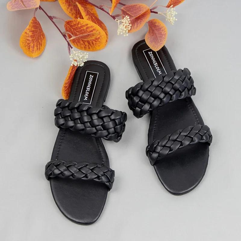 Fashion 2025 New Designer Women Outside Slippers Summer Woman Flat Slides High Quality PU Leather Fashion Double Weave Beach Sandals