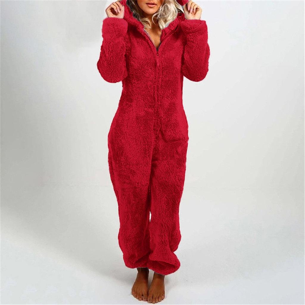 2025 European & American Autumn/Winter Women's Fleece-Lined Fur Jumpsuit Pajamas, Hooded, Available in 17 Colors
