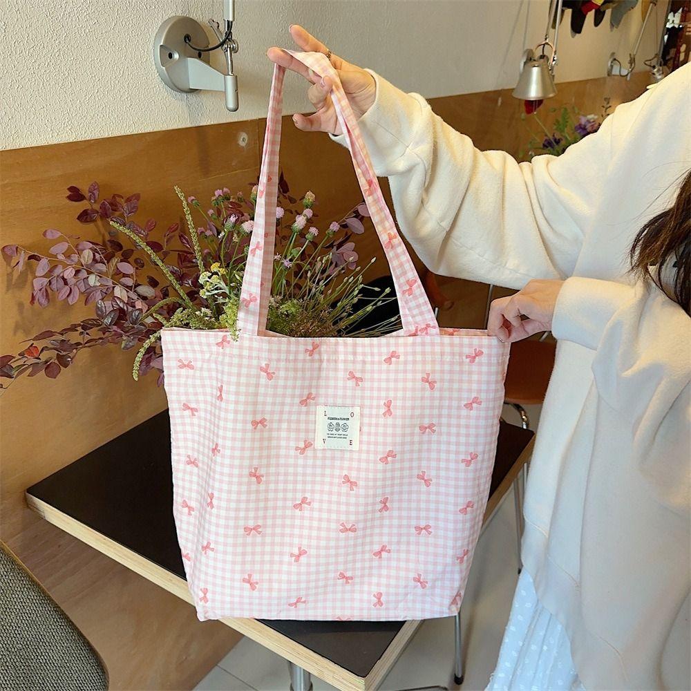 All Match Bowknot Shoulder Bag Printed Casual Handbag Stylish Canvas Shopping Bag  Date