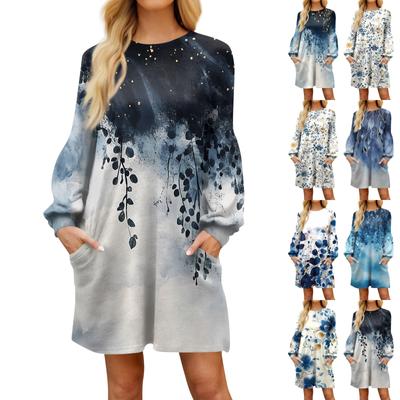 Fashion Womens Long Sleeve A Line Dress Fall Casual Pullover Crewneck Loose Fit Dress With Pockets