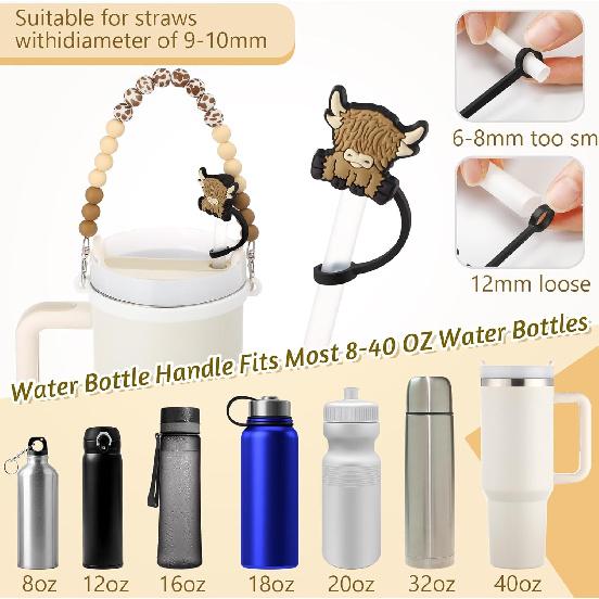 Tondiamo 2 Set Highland Cow Cup Accessories Set Compatible with Stanley Tumbler Include Silicone Beaded Bottle Strap Leather Tassel Charm Cow Rubber