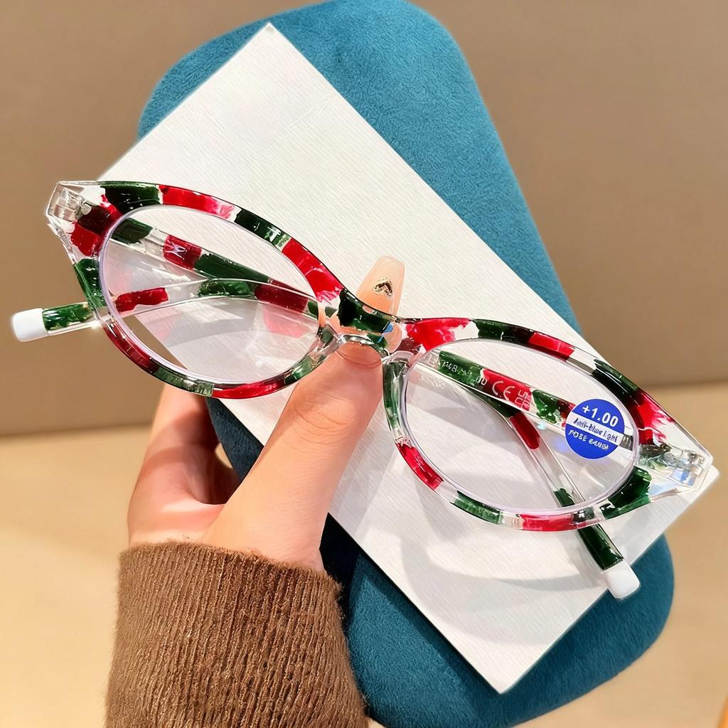 Vintage Elliptischer Rahmen Lesebrille für Damen Blaulichtfilter Brille Damenmode Druck Fernsicht Brille+2.0