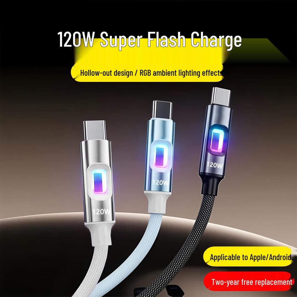 RGB Luminous 120W Fast Charging USB-C Cable for Apple 15/16 & Huawei, 6A.