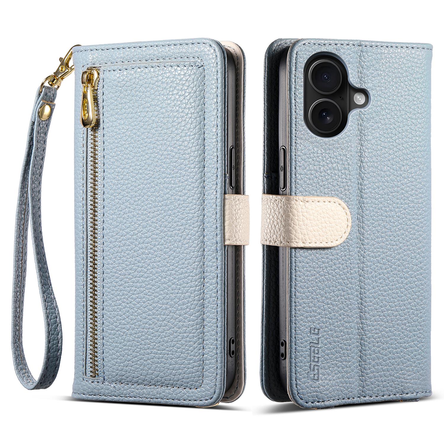 

ESEBLE E11 For iPhone 16 Plus Case Zipper Pocket Litchi Texture Leather Phone Cover with Mirror and Wrist Strap Sky Blue