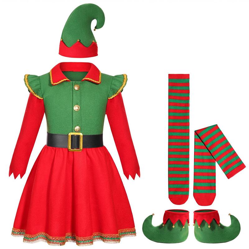 

Костюм рождественского эльфа для девочек, комплект, бархатное платье, шляпа эльфа, пояс для ушей, гольфы до колен для рождественской вечеринки XS красный