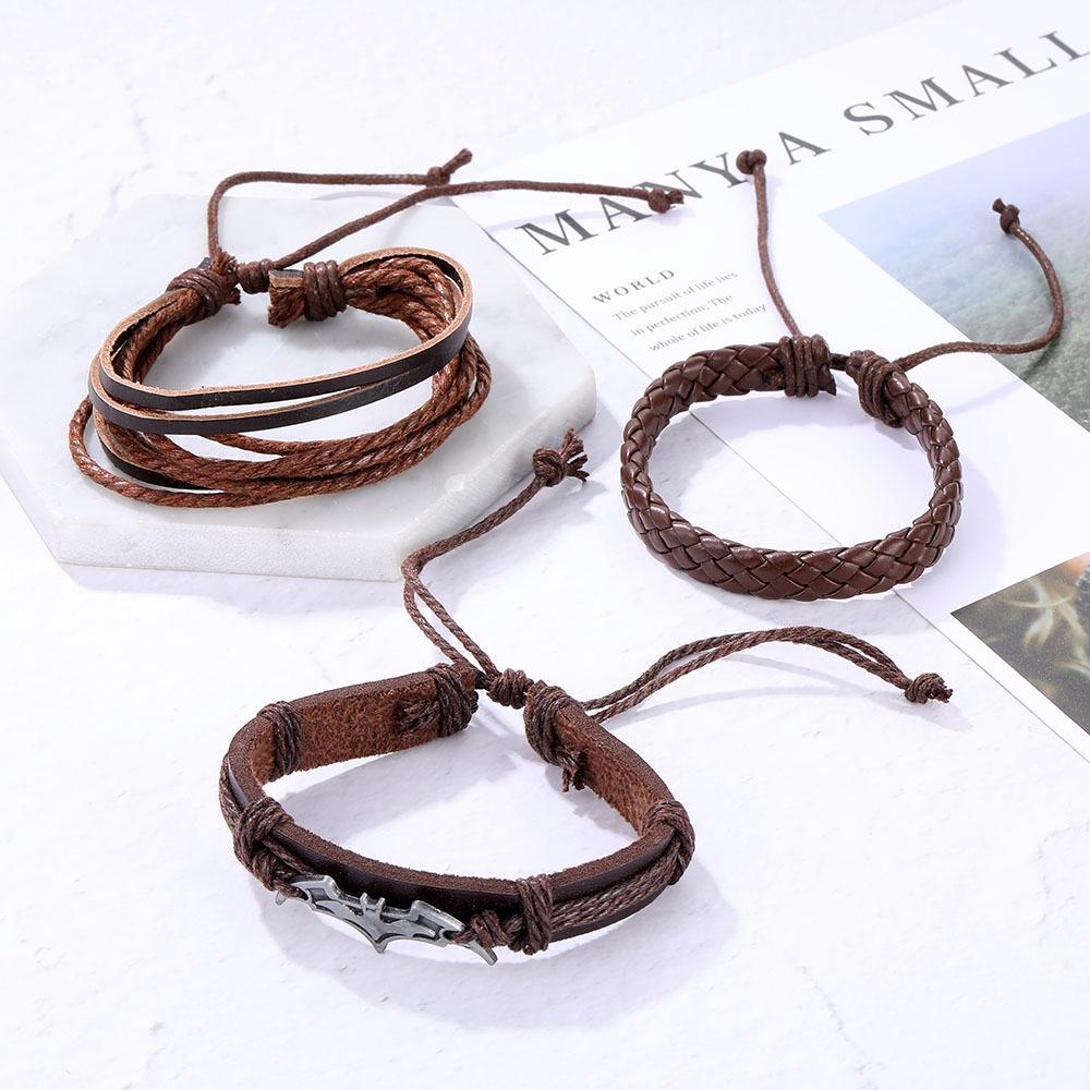 Batman Vintage Rope and Beads Multi-Layer Leather Bracelet Set for Men