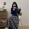 Amber Academics: Bowknot Long Sleeve Top & Retro Plaid Skirt Set