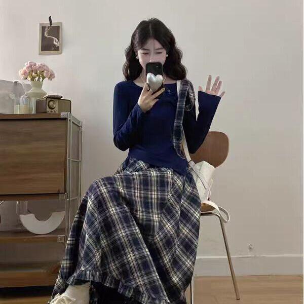 Amber Academics: Bowknot Long Sleeve Top & Retro Plaid Skirt Set