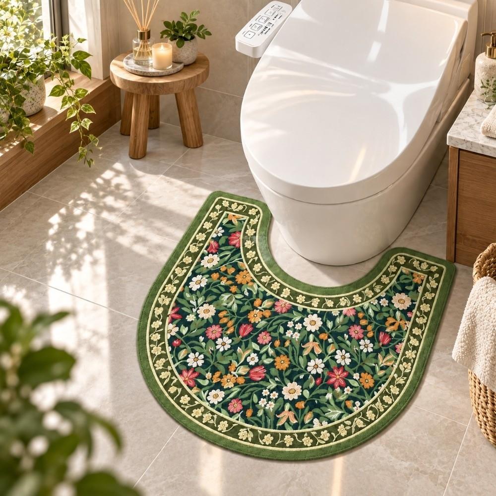 Floral Pattern Toilet U-shaped Mat Non-slip Bath Mat Retro Bathroom Floor Rug Household