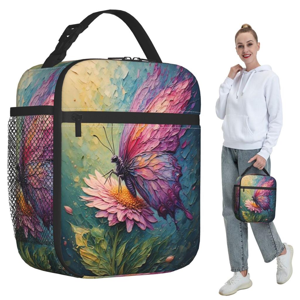 Butterfly Stands On Flowers Oil Insulated Lunch Bag for Kids School Cooler Thermal Food Box Tote Leakproof Lunch Boxes Container