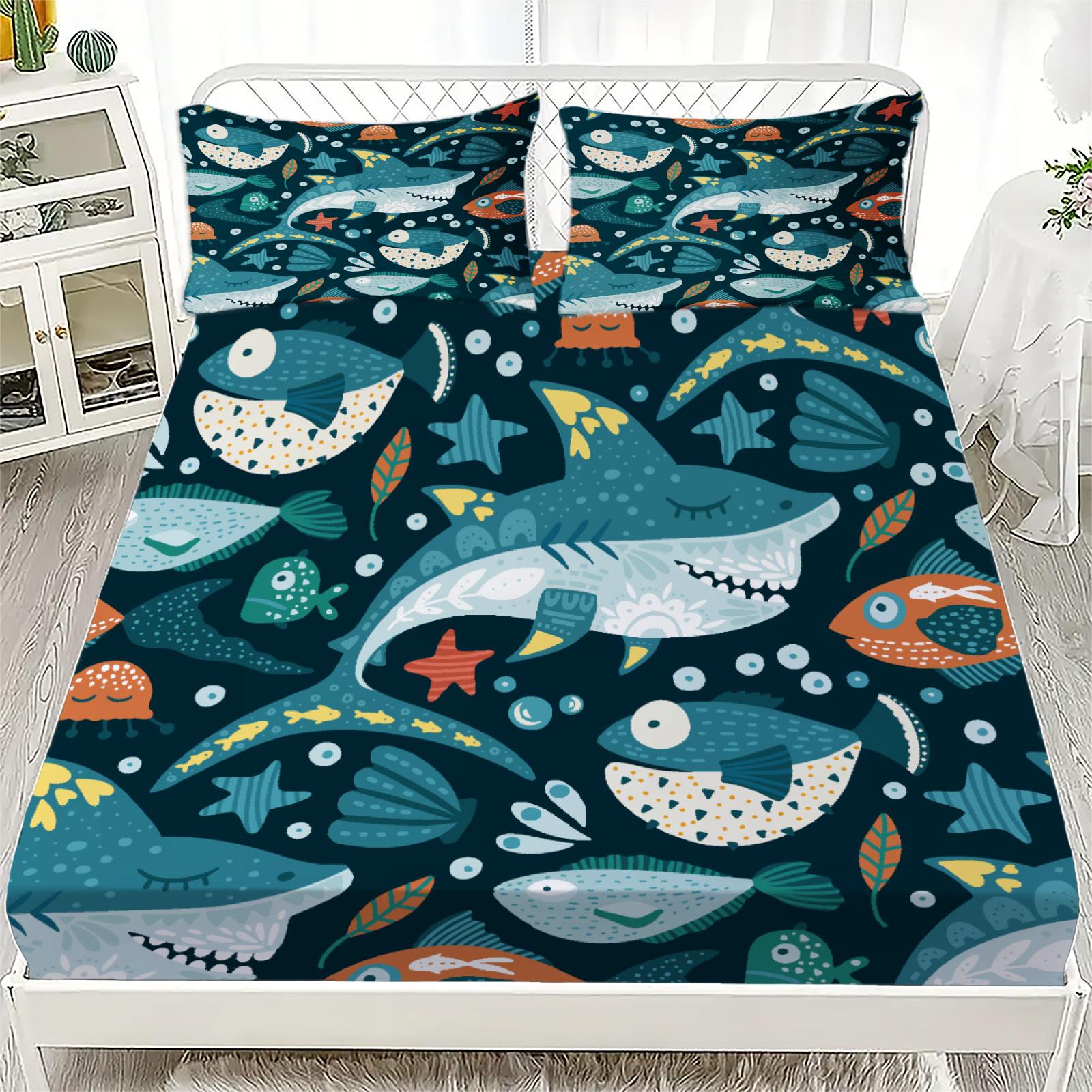 

3pcs Playful Fitted Sheet Set Cartoon Style Sharks Fish Stars Seashells Ocean Printed 100%Polyester Bed Sheet With 2 Pillowcases 99x190x25cm