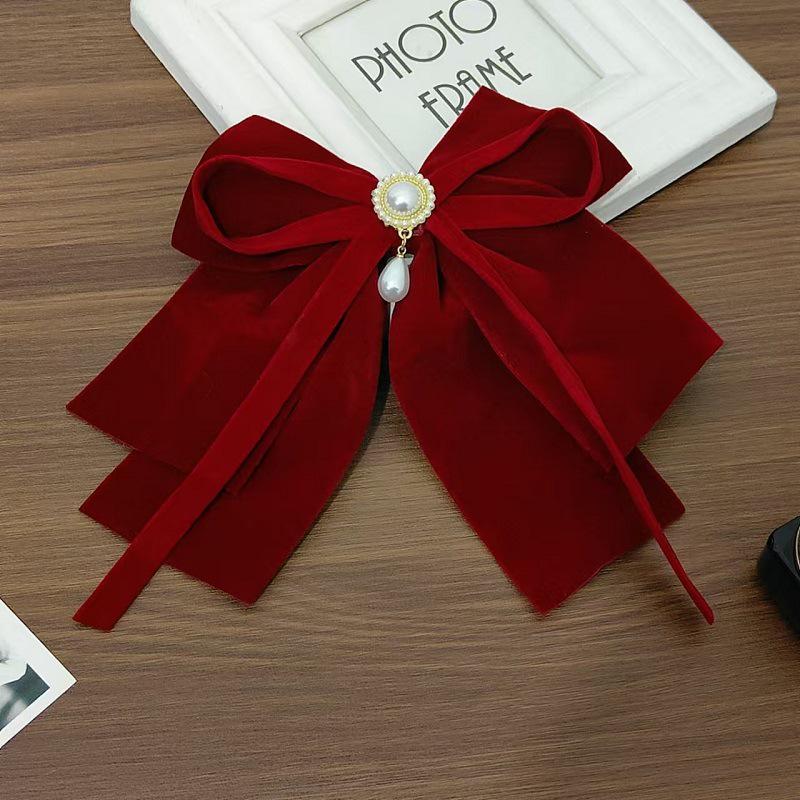 Korean Velvet Rhinestone Bow Tassel Hair Clip for Brides