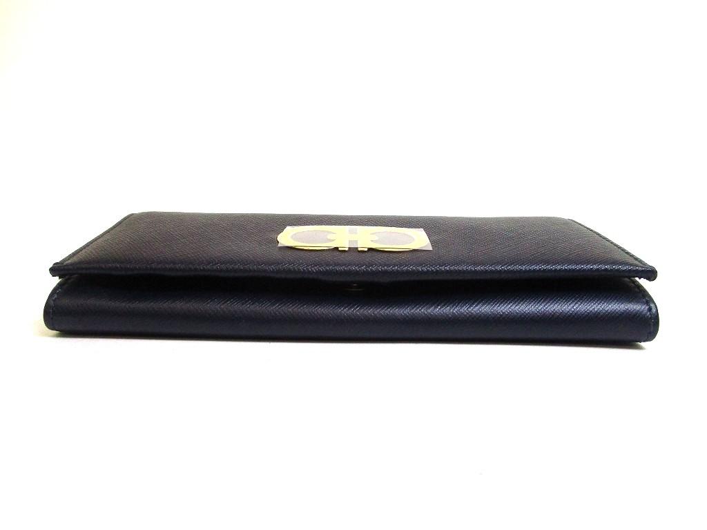 Authentic Salvatore Ferragamo Gancini Navy Blue Leather Gold H/W Flap Long Wallet #b230 Open box