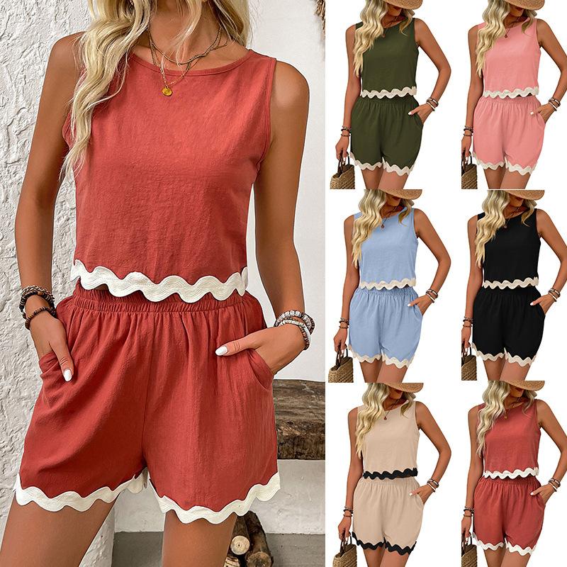Women's Sleeveless Romper Shorts Set with Wave Hem in 6 Colors