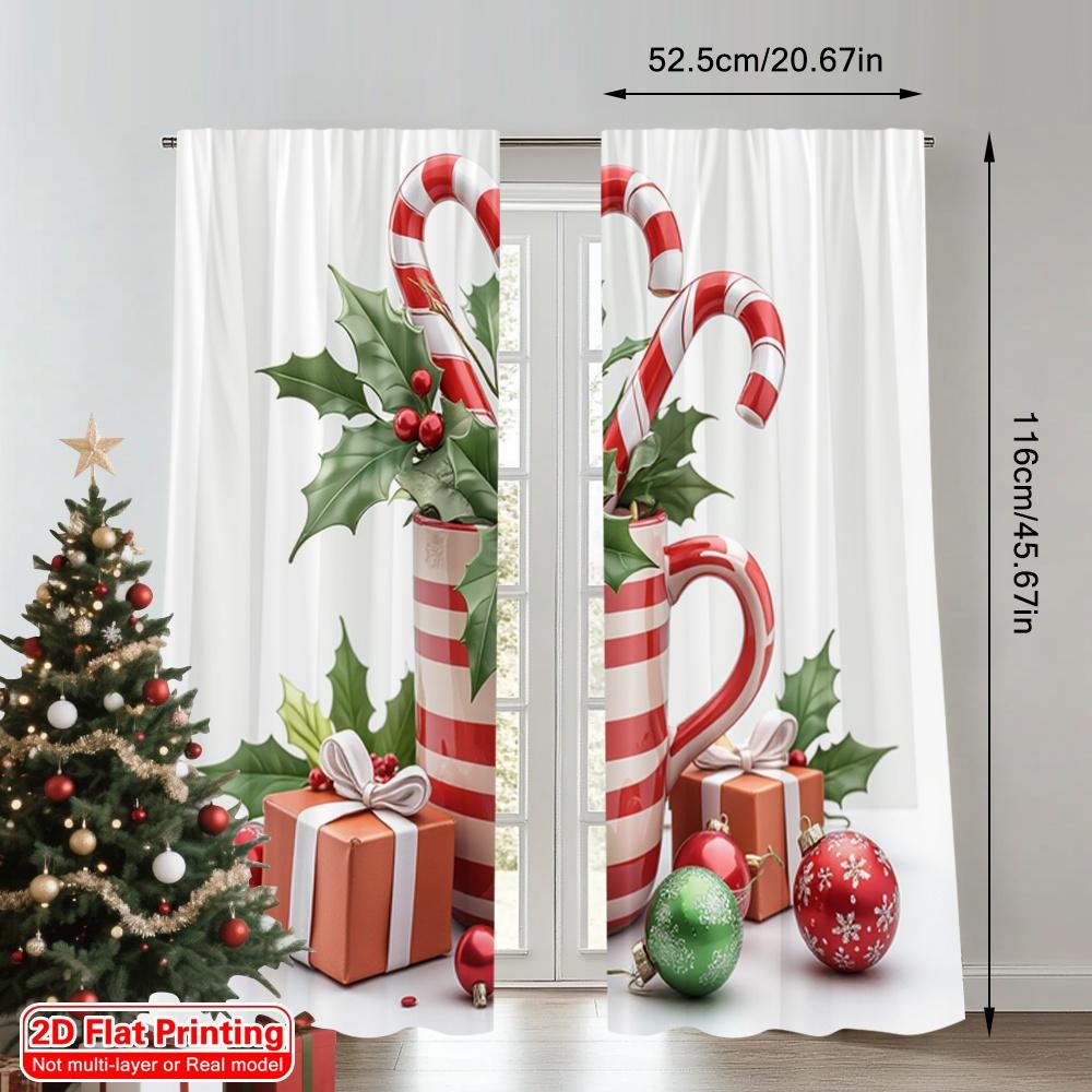 2pcs 2D Flat Printing Christmas Window Curtains Christmas Cup Candy Canes Holly Polyester Fabric Without Electricity Party &