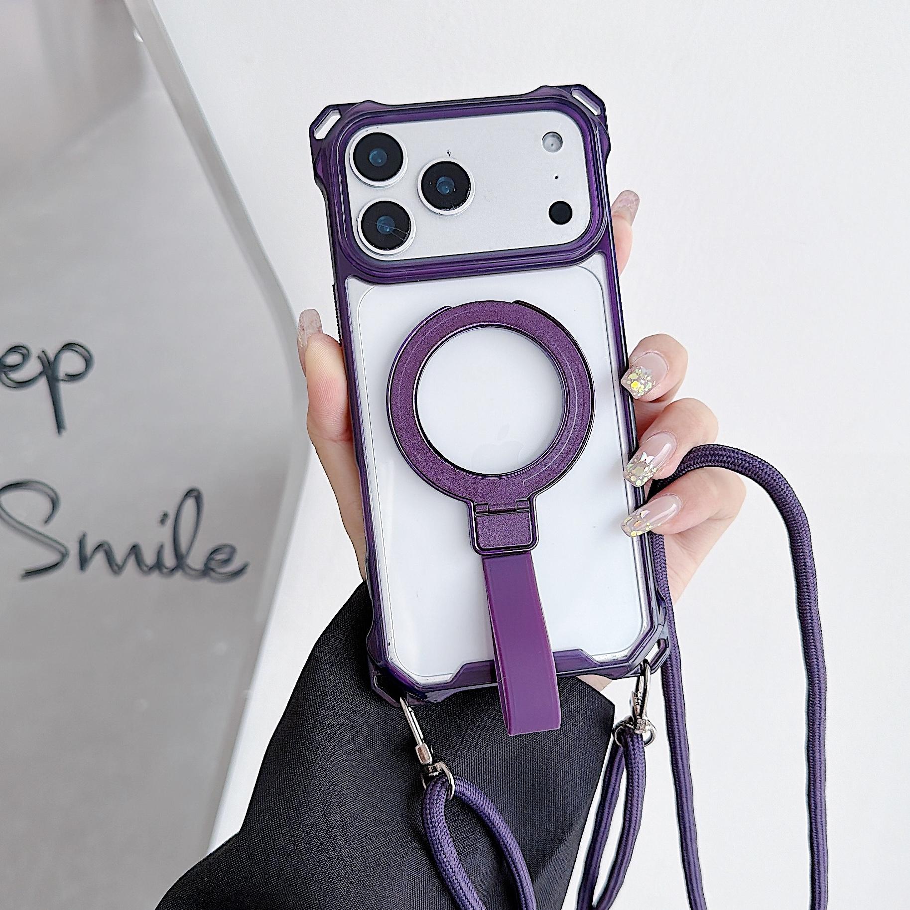 

Luxury Armor Case For iPhone 17 Air 16e 16 15 11 12 13 Mini 14 Pro XS Max XR X 7 8 Plus SE Magnetic Holder Crossbody Lanyard iPhone 16 фіолетовий
