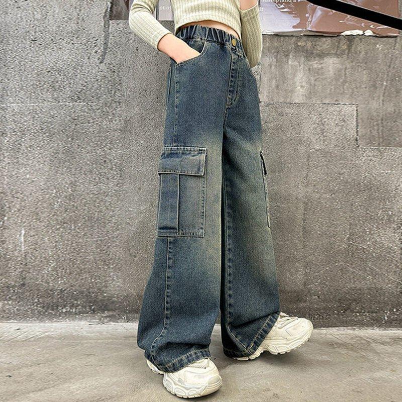 Kids Girls Loose Big Pocket Jeans Casual Pants
