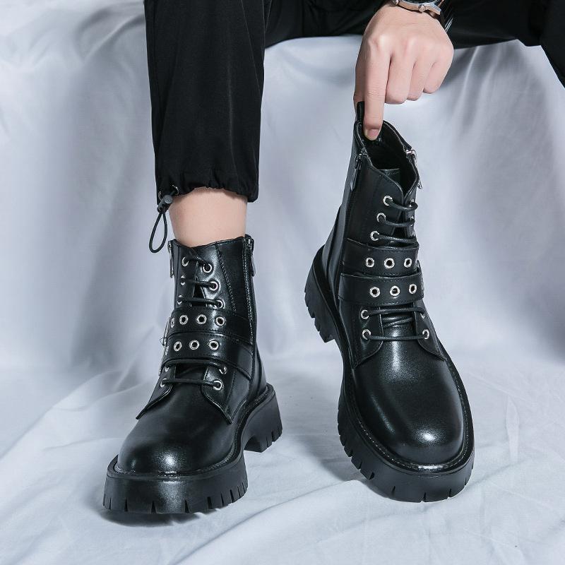 

Высокие ботинки Martin, мужские кожаные туфли, черные заклепки, персонализированные британские ботинки с оснасткой, короткие ботинки на платформе, туфли в стиле локомотива 45