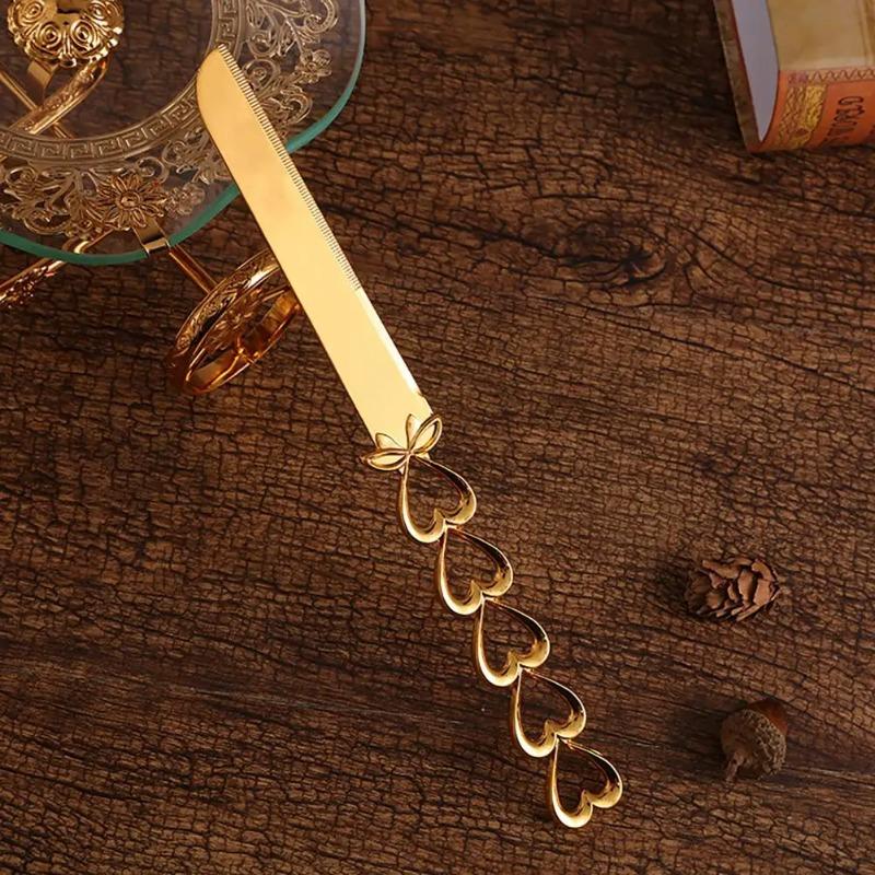 2Pcs/Set Cake Cutter Rust-proof Multi-purpose Heart Shape Handle Golden Wedding Cake Knife Server Set for Party Cooking Baking
