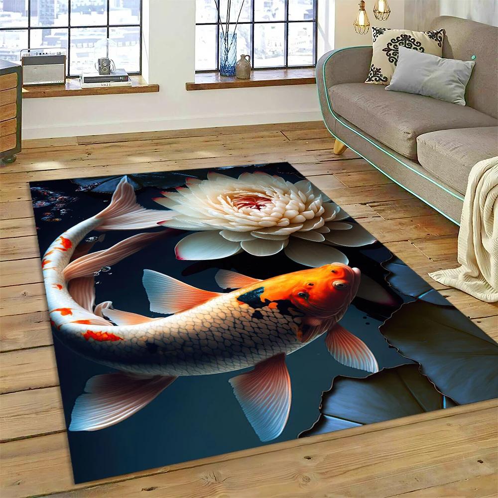 שטיח מצויר דגי קוי יין יאנג טבעיים לבית, לסלון, לחדר השינה, לספה, שטיחון כניסה, קישוט, שטיח אזור לילדים, מחצלת מונעת החלקה