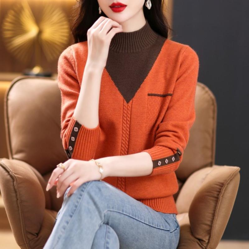Women Vintage Splicing Panelled Sweaters Autumn Winter Fashion Mock Neck Long Sleeve Casual Slim Knitted Pullovers
