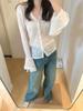 Spring-Summer Korean V-Neck 3D Floral Lace Blouse - Sheer Long Sleeve Sun Protection Top for Women