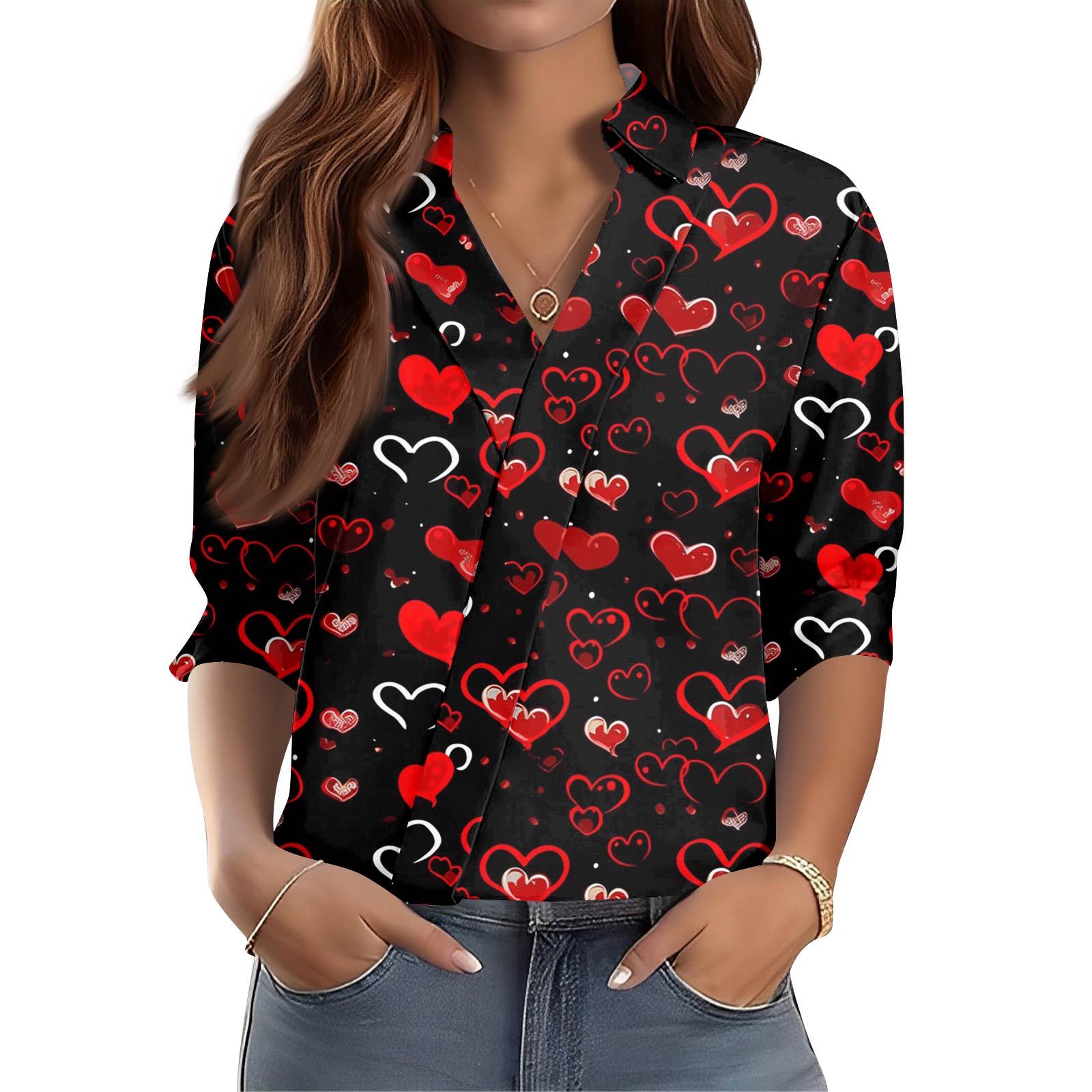 

Women s 3/4-Sleeve V-Neck Shirt Printed Workwear Casual Regular Shirt Collar Top XL червоний