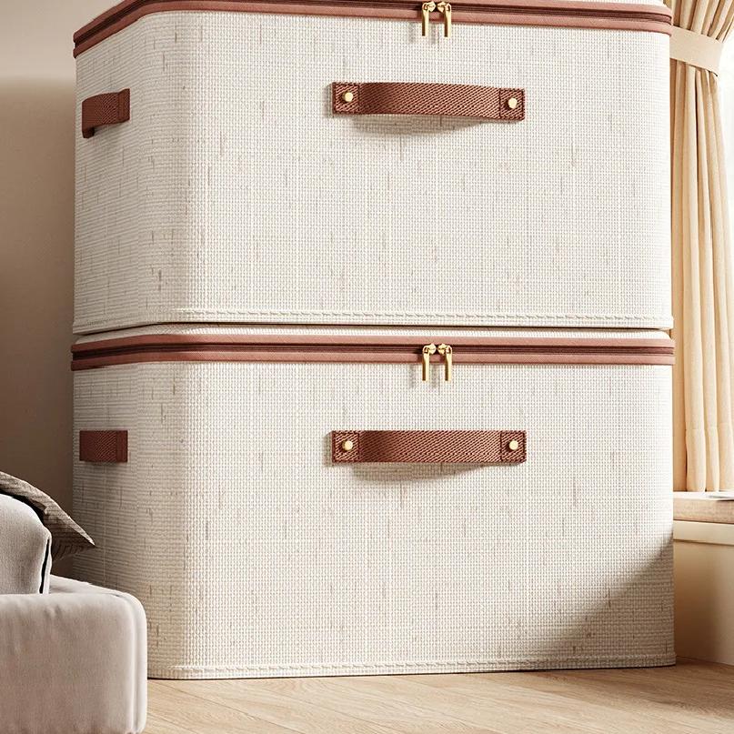 Large Household Storage Box Heavy-duty Hard Shell Cotton Linen Zipper Storage Organizer Box with Lid for Clothes Toys Blankets