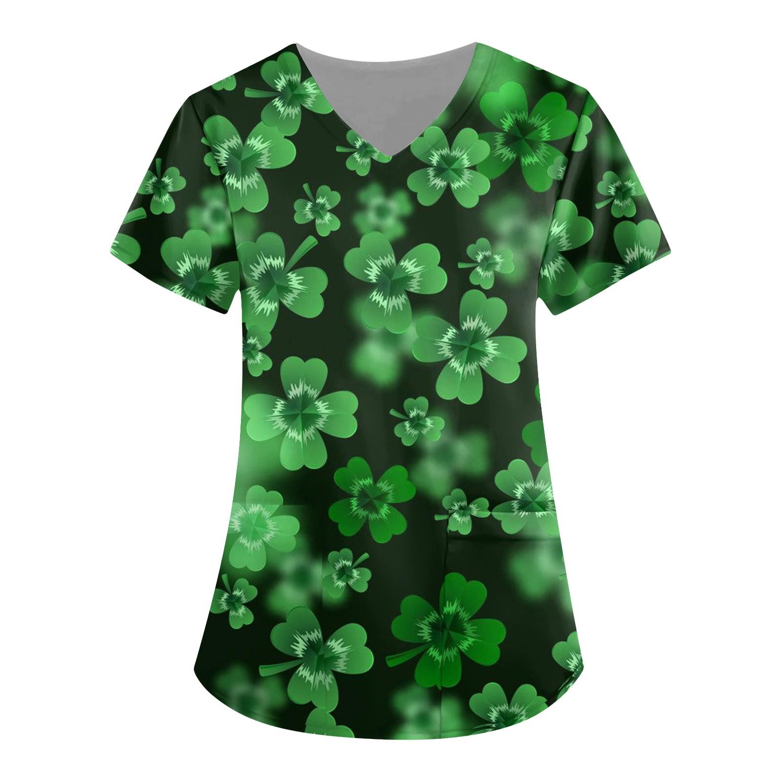 

Женские топы с короткими рукавами и v-образным вырезом с принтом четырех листьев на День святого Валентина, рабочая блузка с карманами XXL