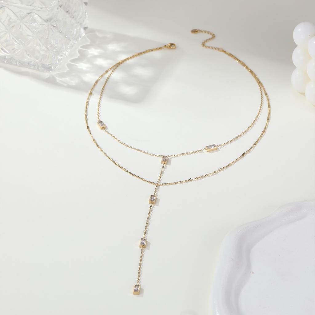 Trendy Water-resistant CZ Geometric Lariat 2-layers Necklace Stainless Steel Delicate 18K PVD Gold Plated Charm Fashion Jewelry