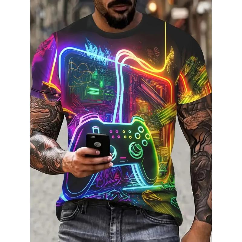 3D Digitaldruck Herren Freizeit Lebendiges Neon Game Controller Design T-Shirt Neu im Rundhals Kurzarm Gamer T-Shirt für Männer