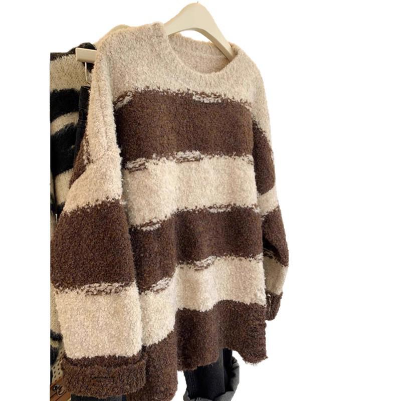 2026 Autumn/Winter Korean Loose Striped Knit Sweater - Versatile, Thick Lazy Style Pullover