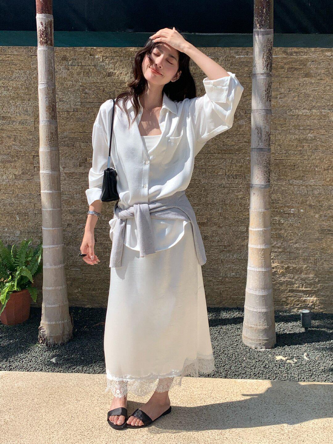 Lemon Green Tea French Lace A-line High Waist Slimming Skirt - Light Luxury Minimalist Style Medium белый