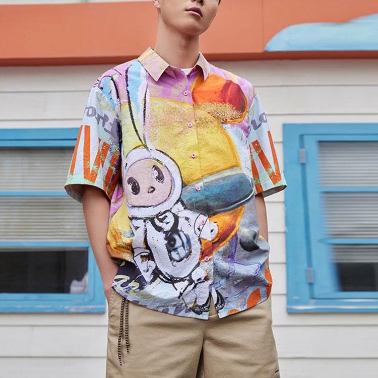 LiNing Loose Cartoon All-Over Print Turndown Collar Short Sleeve Shirt Unisex Tops Red Coral-Pink ASHS899-1