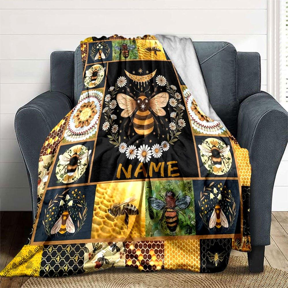 Bee Honeycomb Artistry Cozy Customizable Blanket Customize Text Soft Cozy Perfect For Sofa Couch Office Bed Picnics Ideal For All Seasons Playful