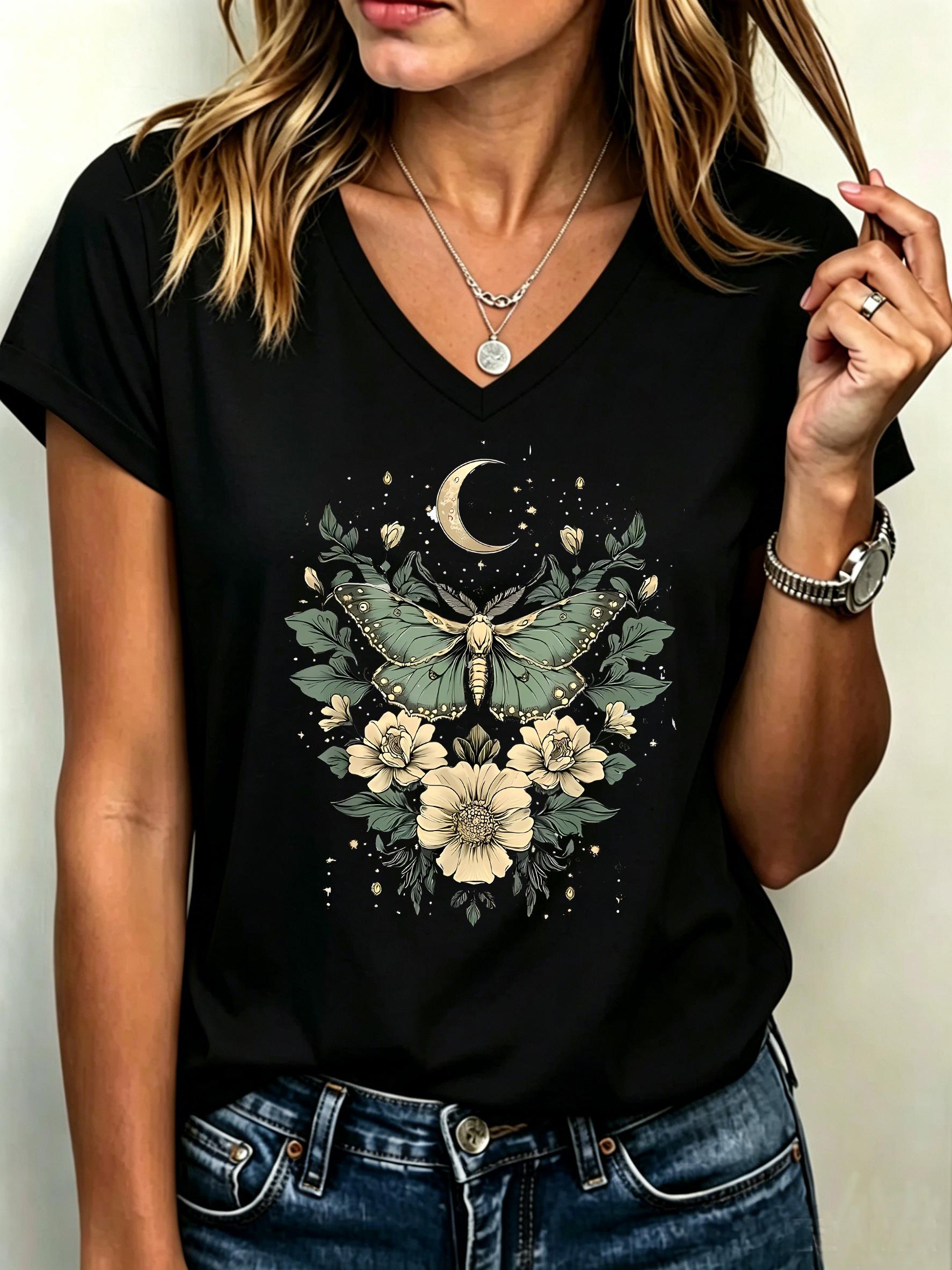 V-Neck Women s Casual Short Sleeve V Neck T-Shirt Graphic Butterfly Floral Print with Moon Stars Spring Summer Top Clothing S
